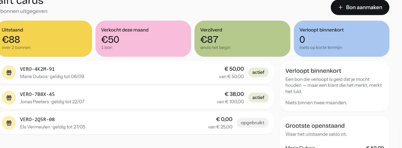 Cadeaubonnen met saldo en codes in Booka