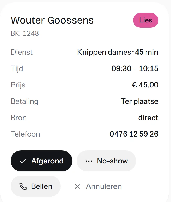 Afspraakdetail in Booka met betaling, Afgerond en No-show