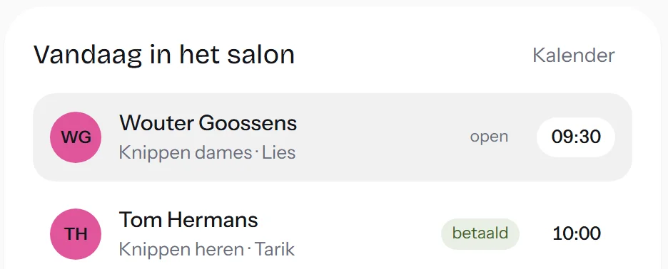 Vandaag in het salon: afspraken per medewerker in Booka