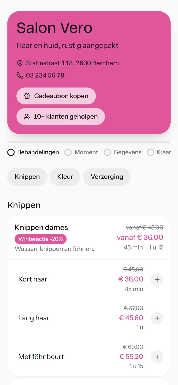 Boekingspagina van een salon op de gsm
