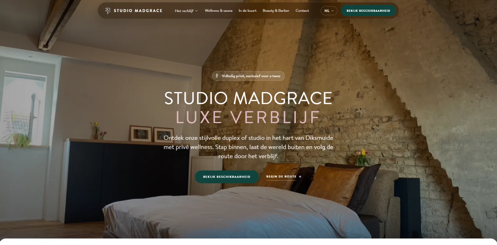 Homepage van Studio MadGrace, een luxe verblijf in Diksmuide, gebouwd door Booka