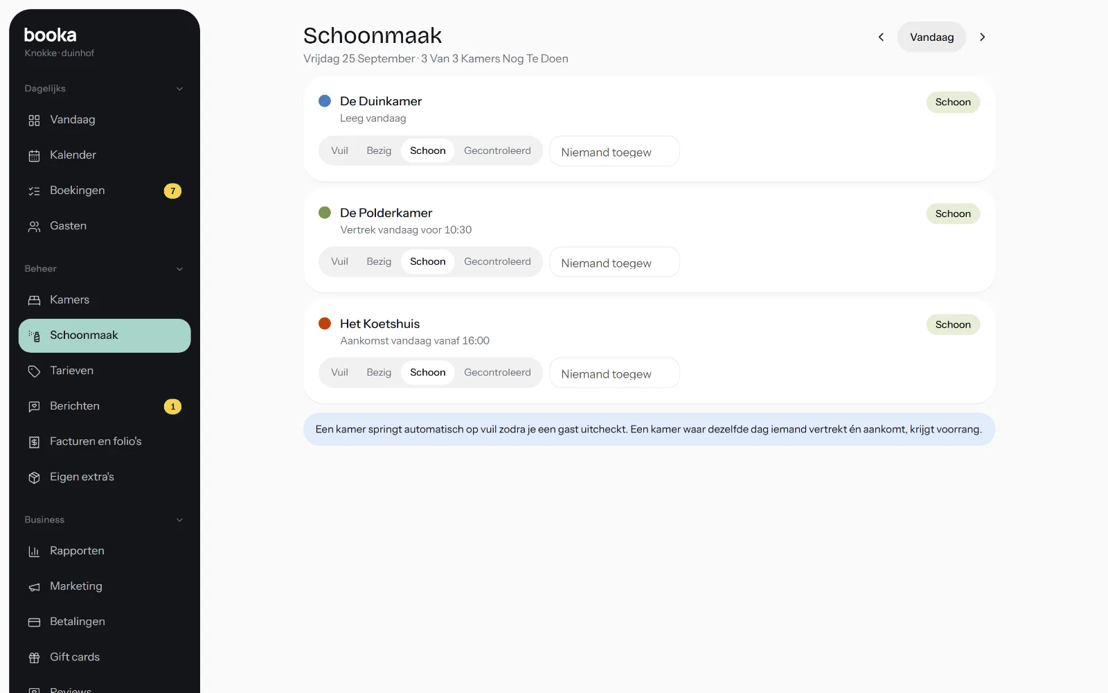 Schoonmaakstand per kamer in Booka